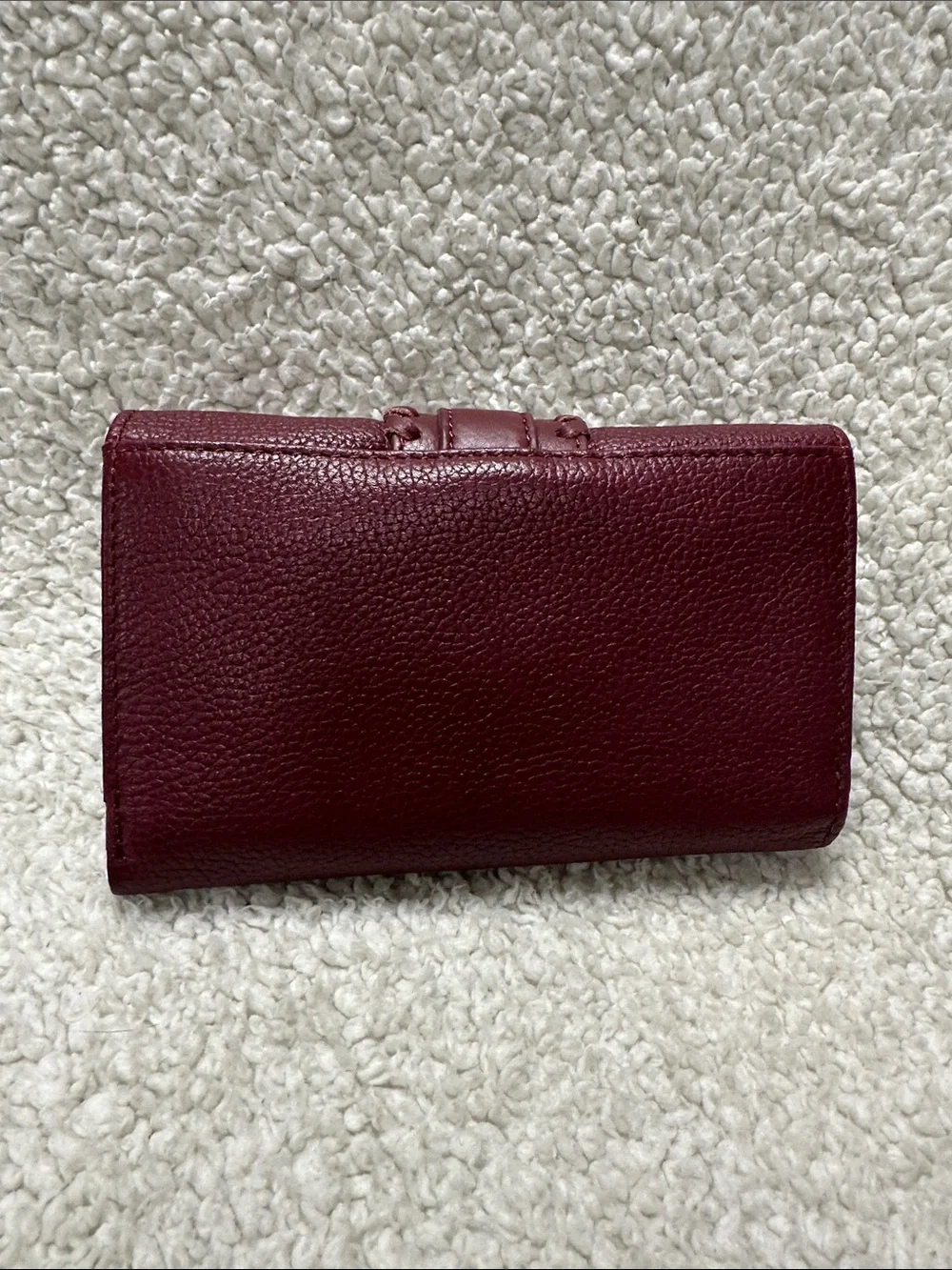 Pebbled Burgundy Genuine Leather Wallet with Buckle Strap, Whipstitch Details